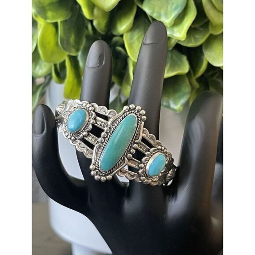 Vintage 1960's Bell Trading Post Sterling & Turquoise Cuff Bracelet - Picture 2 of 14